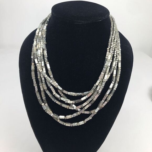 Chico’s Gunmetal Silver Tone Multi Strand Beaded Necklace - Picture 1 of 15